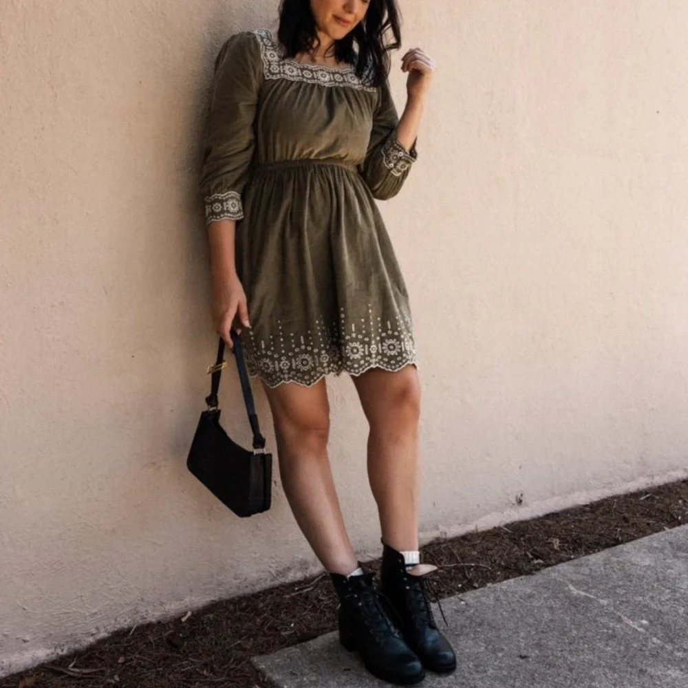 Madewell Embroidered corduroy olive green square neck mini dress‎ Sz PL new